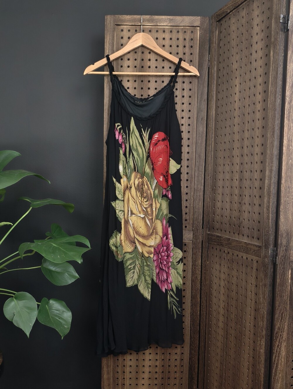 Vintage Lola P. Black Slip Dress with Yellow Pink & Red Floral Accents